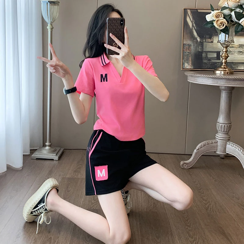 高端时尚Polo领短袖套装女夏2025新款休闲运动短裤两件套宽松跑步