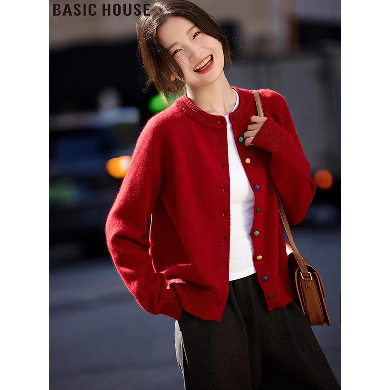 Basic House/百家好新年红圆领毛衣外套长袖针织开衫女士2026新款