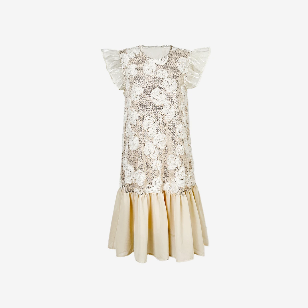 X【莘子专属】蕾丝碎花亮片公主时尚夏季复古泡泡袖印花连衣裙