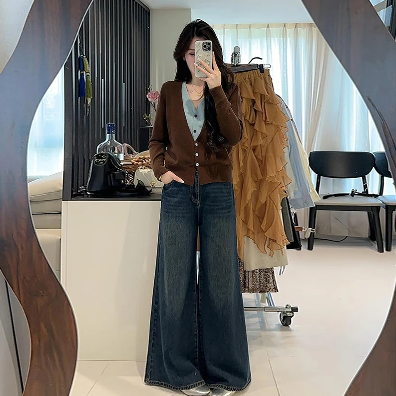 【9142】大码女装胖mm秋冬撞色V领假两件针织开衫软糯打底衫毛衣