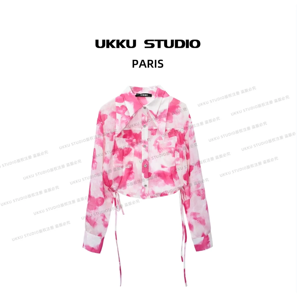 鸽子【UKKUSTUDIO】夏季新款双层粉色扎染个性百搭防晒衬衣513656