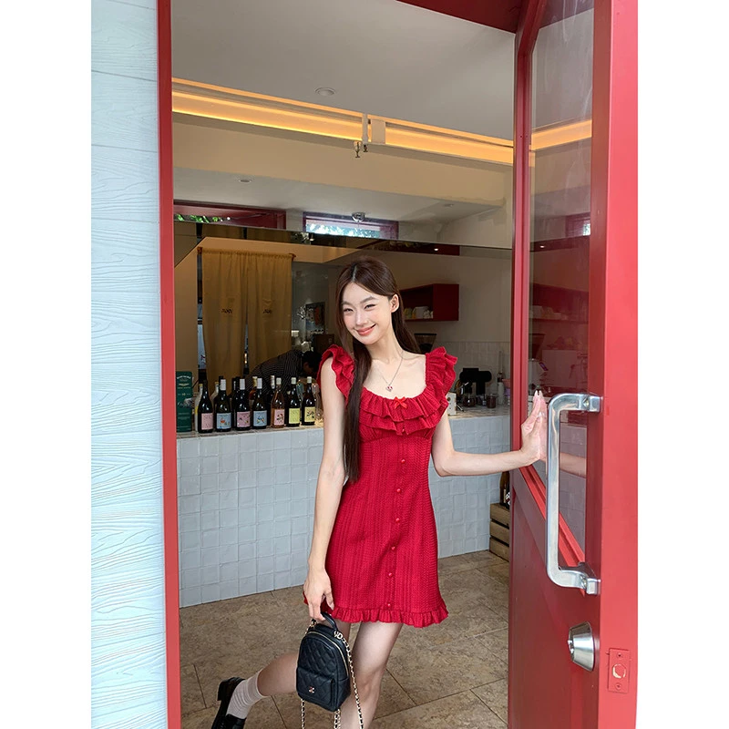 【七七清仓】红色法式女夏连衣裙252M1963