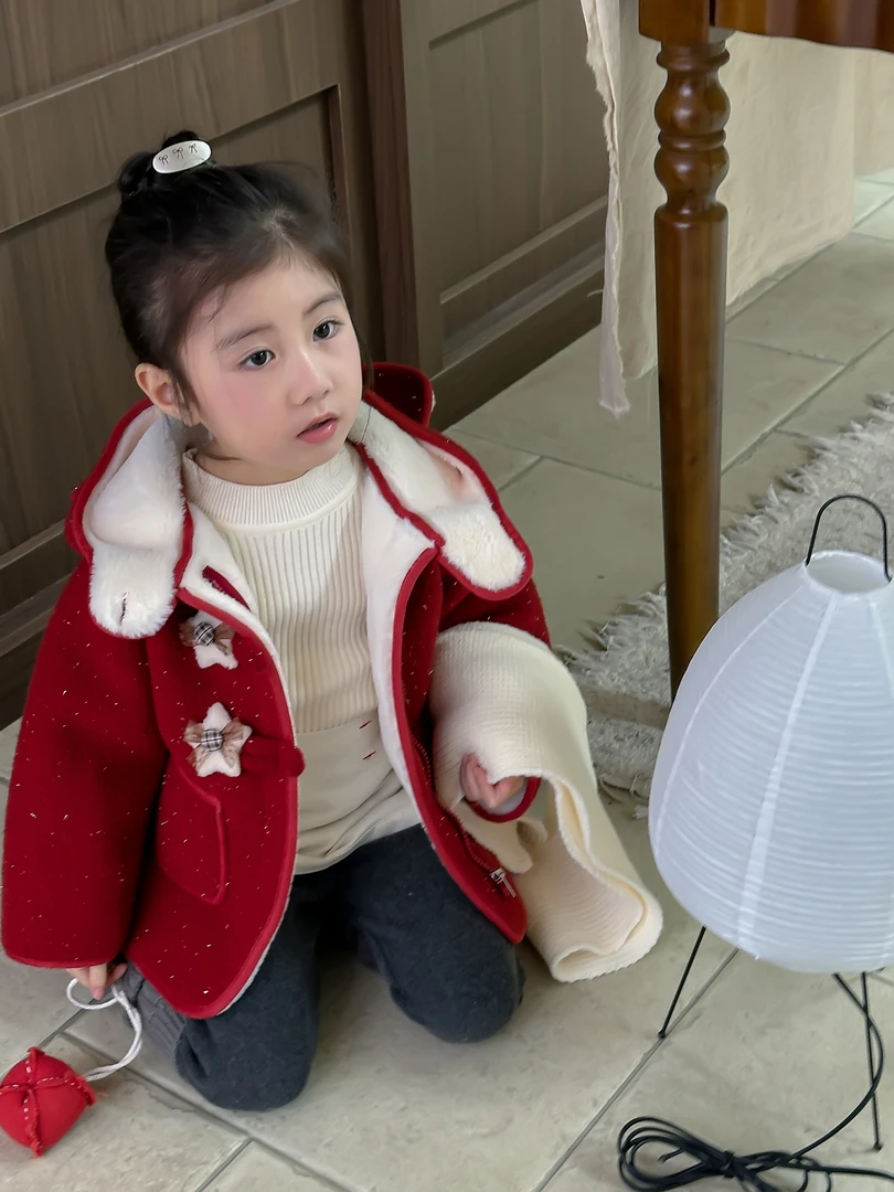 年款洋气女童冬季新款外穿红色拜年服呢子外套过年衣服女宝宝喜庆