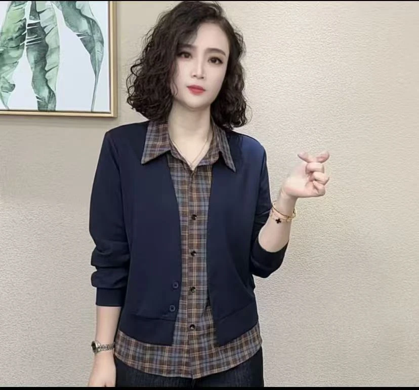 秋季新款假两件拼接格纹宽松型撞色开衫女士衬衫减龄早秋外套洋气
