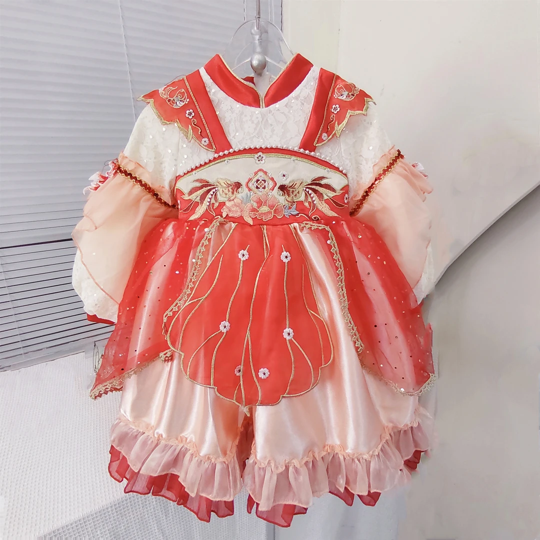 女童新年服加绒长袖公主裙女宝冬季年服裙洛丽塔连衣裙