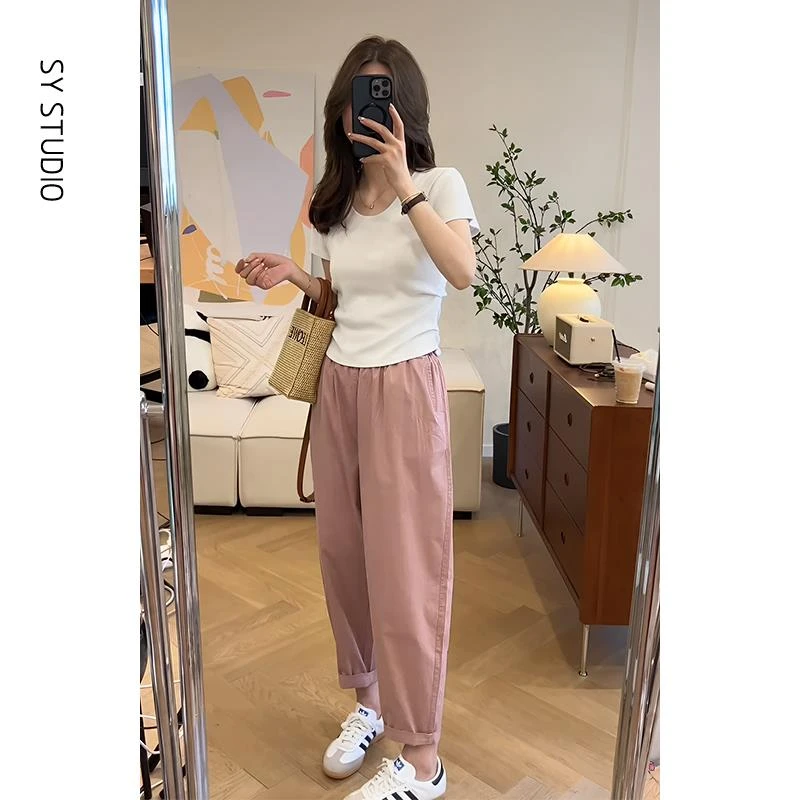 VOCKOO官方夏天搭配一整套时尚韩系百搭短袖T恤高腰哈伦休闲长裤