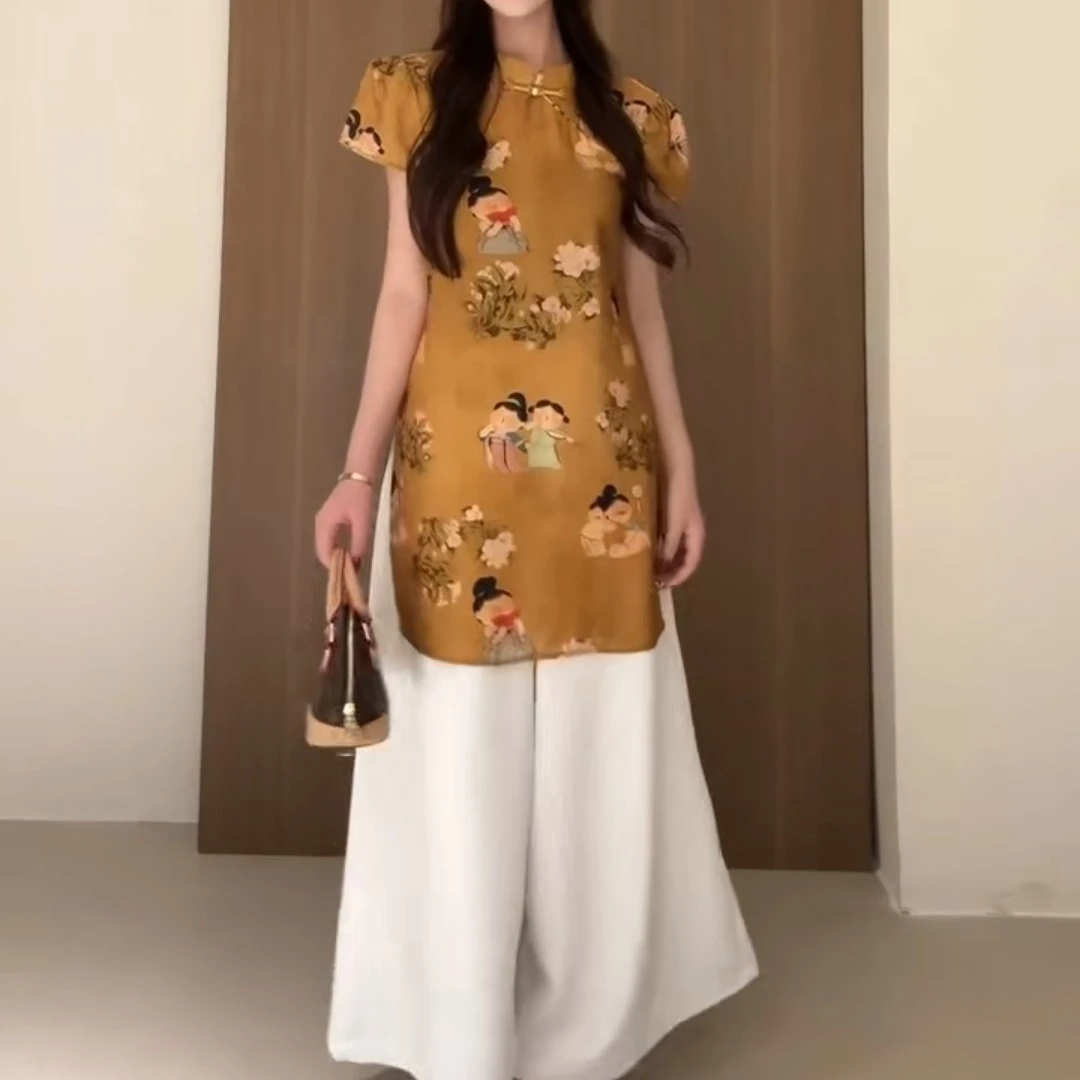 新中式盘扣旗袍上衣+阔腿裤两件套女欧货2025年夏季新款时尚套装