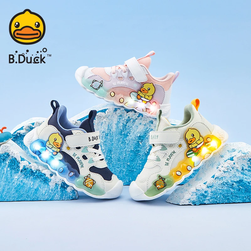 B.Duck小黄鸭童鞋秋季鞋子网面软底防滑女童男童鞋亮灯鞋运动鞋