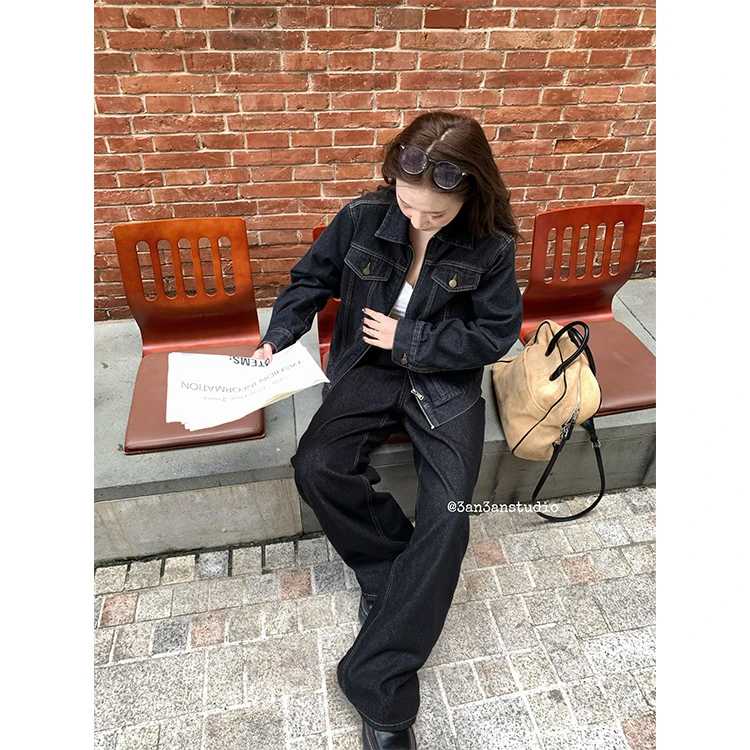 3AN3AN【墨影漫行】阔腿牛仔裤女秋宽松直筒垂感丹宁拖地裤3ANA151