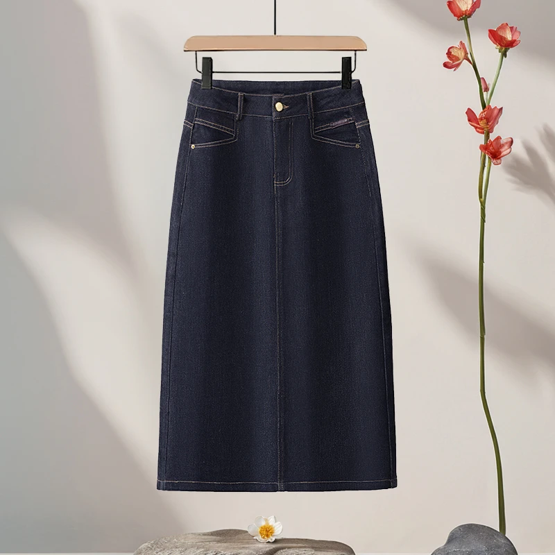 丹宁蓝牛仔休闲半身裙女2025秋季新款a字中长款侧开叉包臀一步裙
