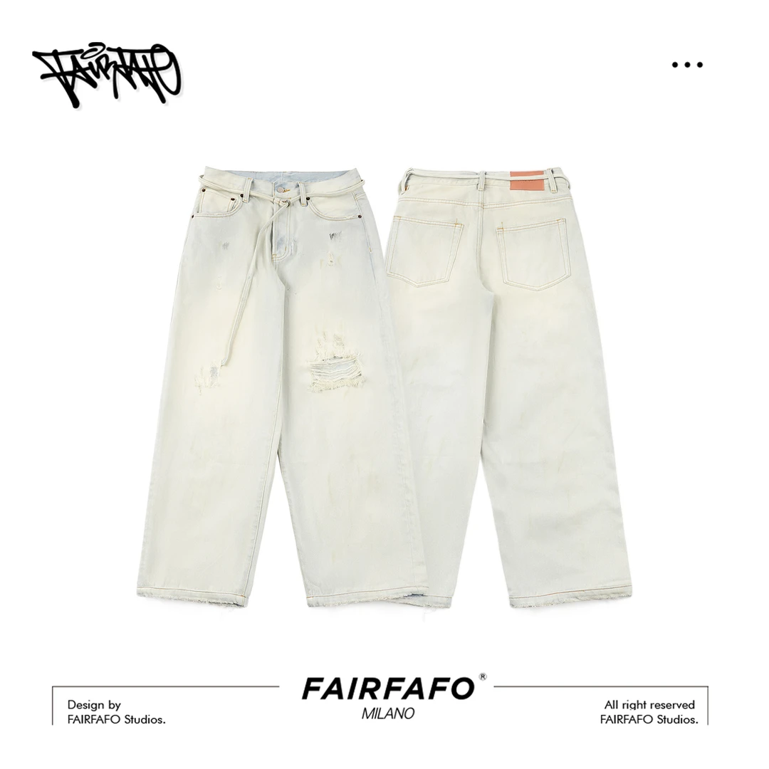 FAIRFAFO【破洞绑绳牛仔长裤】夏季潮牌白色直筒女裤KZBL54231