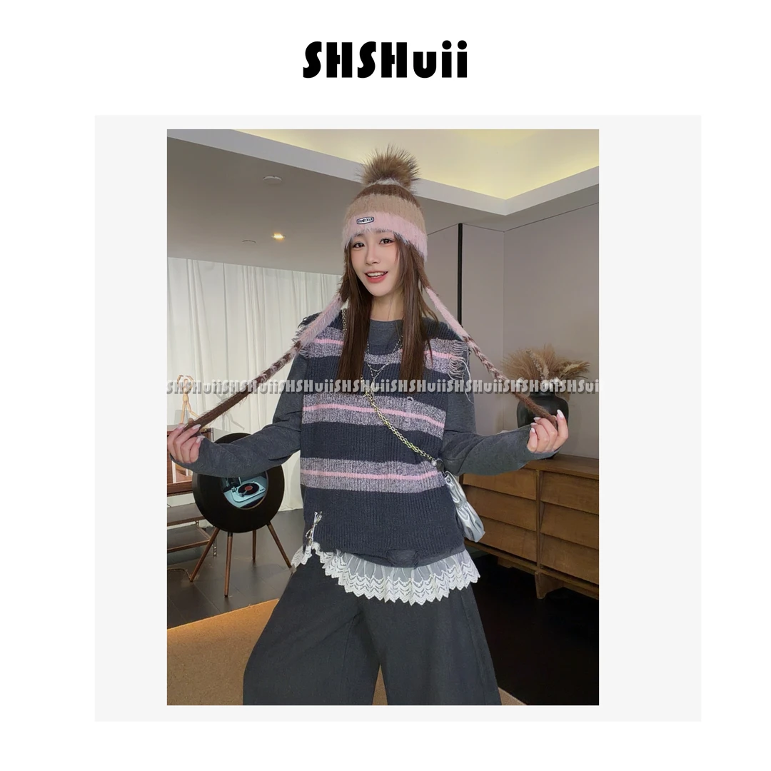 IN.SHuii【草莓可可】条纹拼色羊毛磨破无袖毛衣/JCCI
