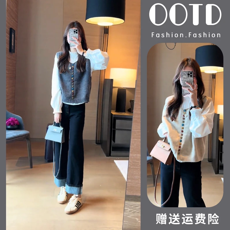 彩色包扣软糯针织马甲+纯色泡泡袖长袖上衣+显瘦百搭时尚法棍裤