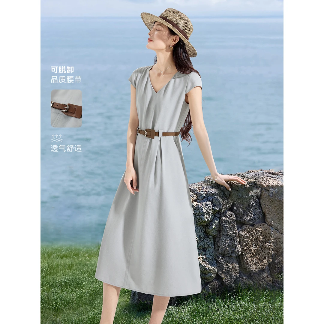 沫晗依美2025夏季新款通勤简约质感收腰显瘦盖袖连衣裙2196