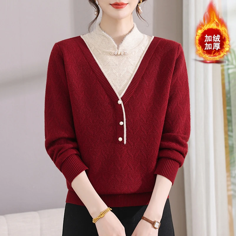 新款妈妈装秋冬保暖加绒毛衣中老年旗袍领加厚一体绒上衣女打底衫