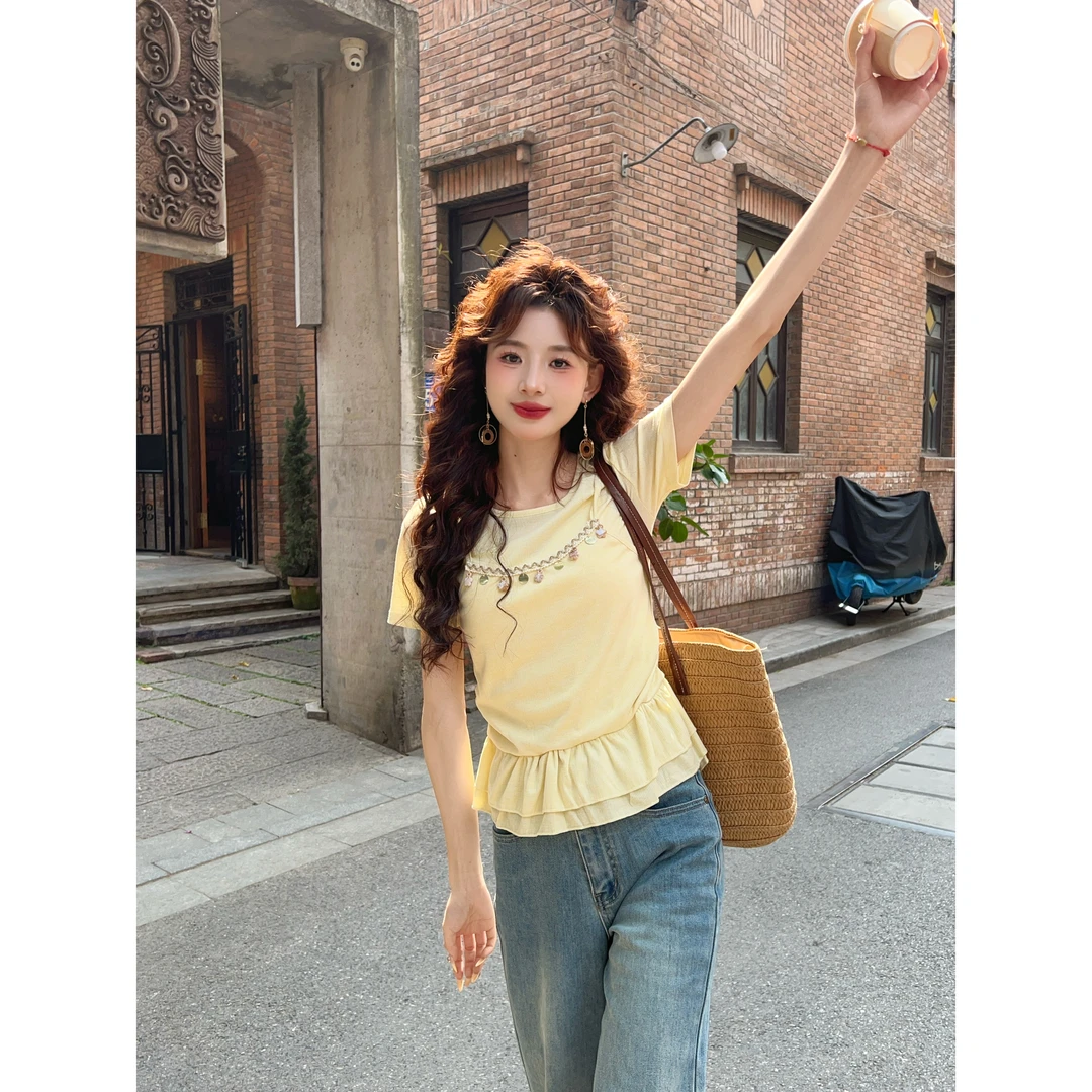 温敏er【棉花糖果】欧若风穿搭假两件短袖针织修身上衣MC1988444