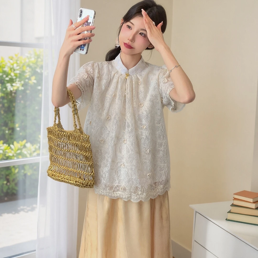 孕妇装夏季小个子新中式国风立领镂空钩花衬衫上衣半身裙两件套装