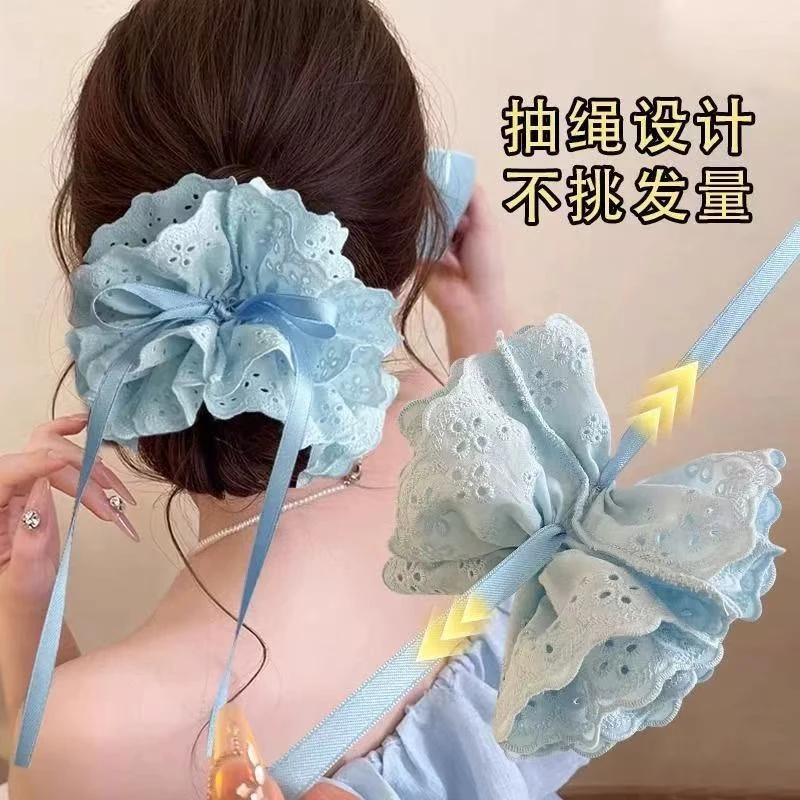 可露丽风粉色四层蕾丝抽绳式大肠发圈女甜美可爱丸子头发绳超大号