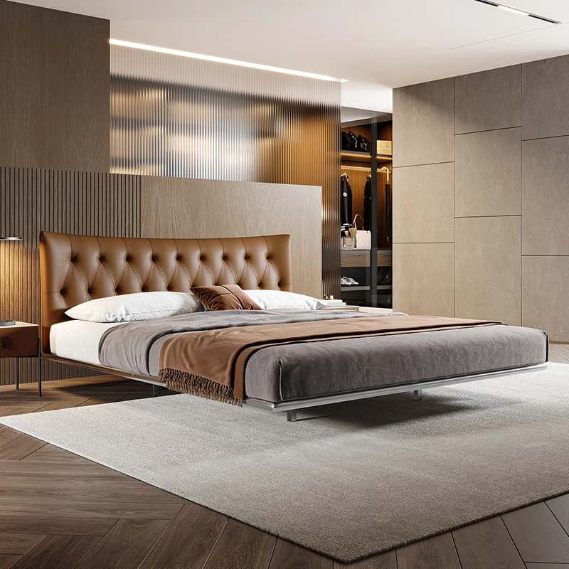 【高定BV政府补贴】意式极简真皮床主卧不锈钢悬浮床简约床【达人】