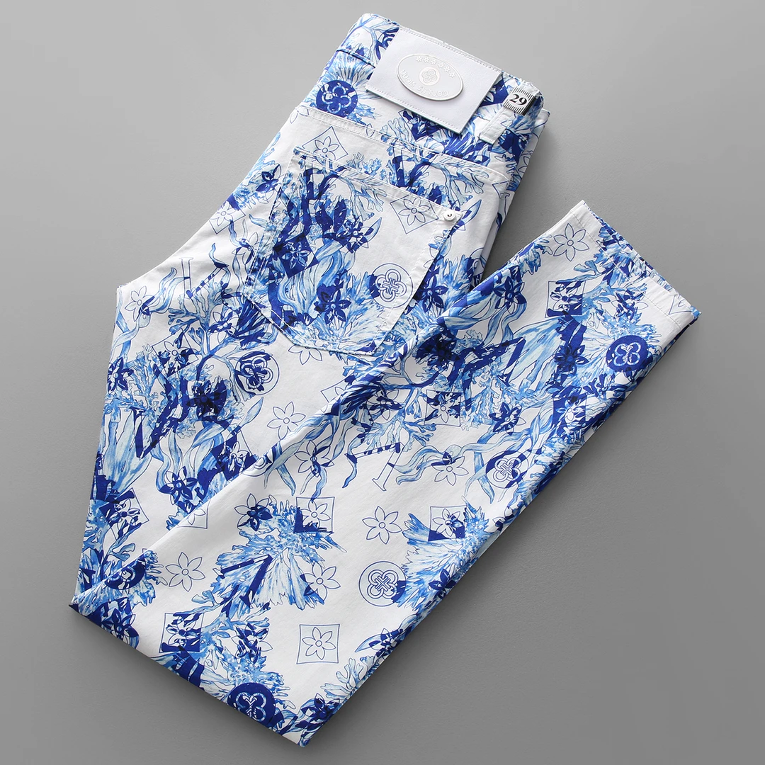 韦内卡彻轻奢国潮青花瓷数码印花休闲裤修身小脚夏季薄款潮长裤子