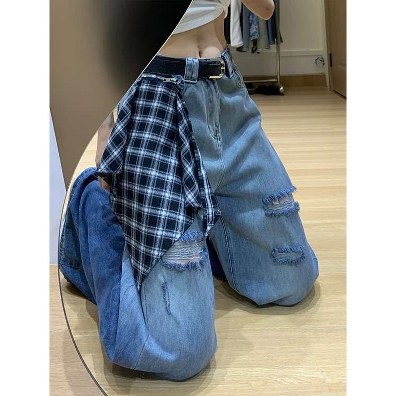 渐变蓝炸街潮流气质破洞牛仔裤女2025夏款梨形遮肉格子飘带拖地裤