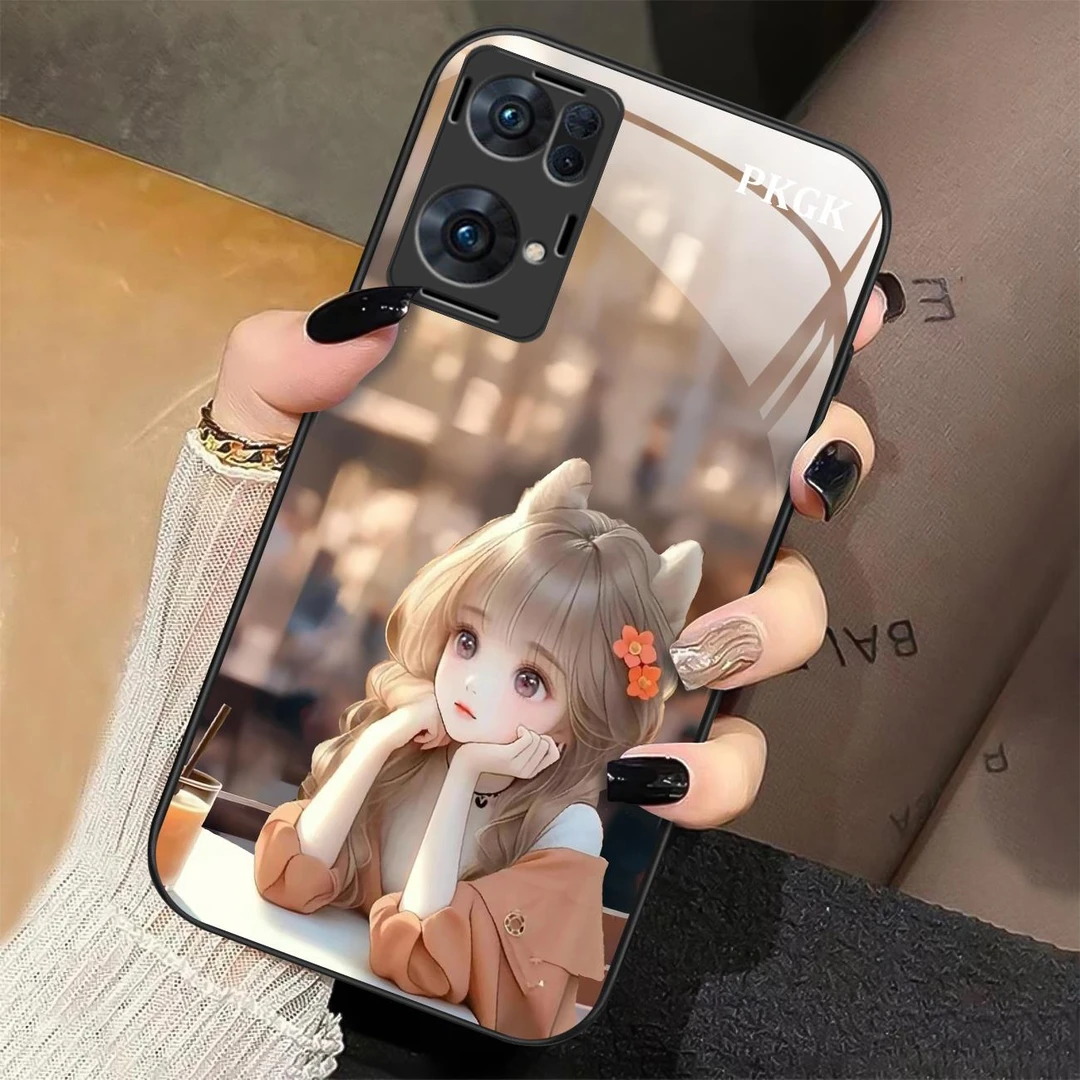 适用【OPPO Reno7 Pro】思考女孩液态玻璃手机壳 防摔刮 网红潮流