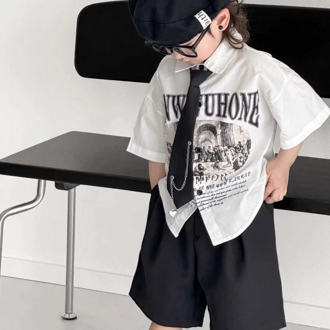 男童衬衫套装2025夏季翻领印花短袖上衣衬衫男童洋气领带西装短裤
