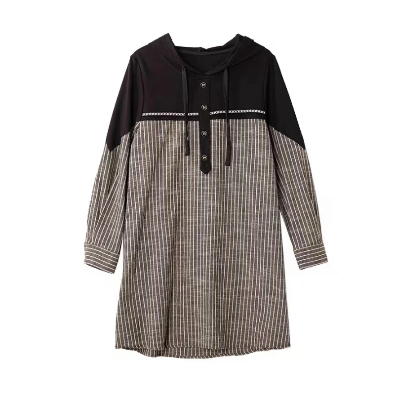 春季中长款条纹连帽休闲洋气