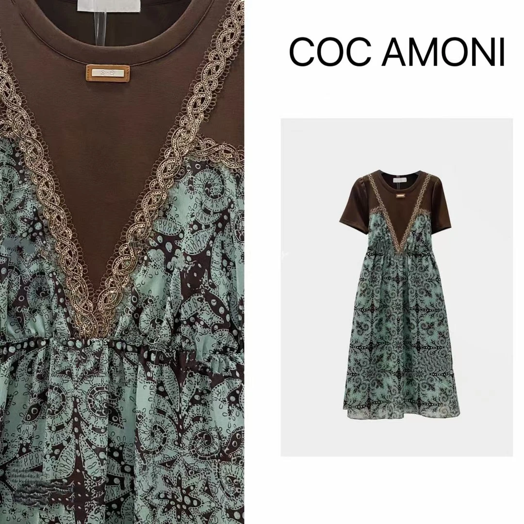 [曼姐]2025夏日爆款高级设计师拼接碎花收腰显瘦气质连衣裙ZP343