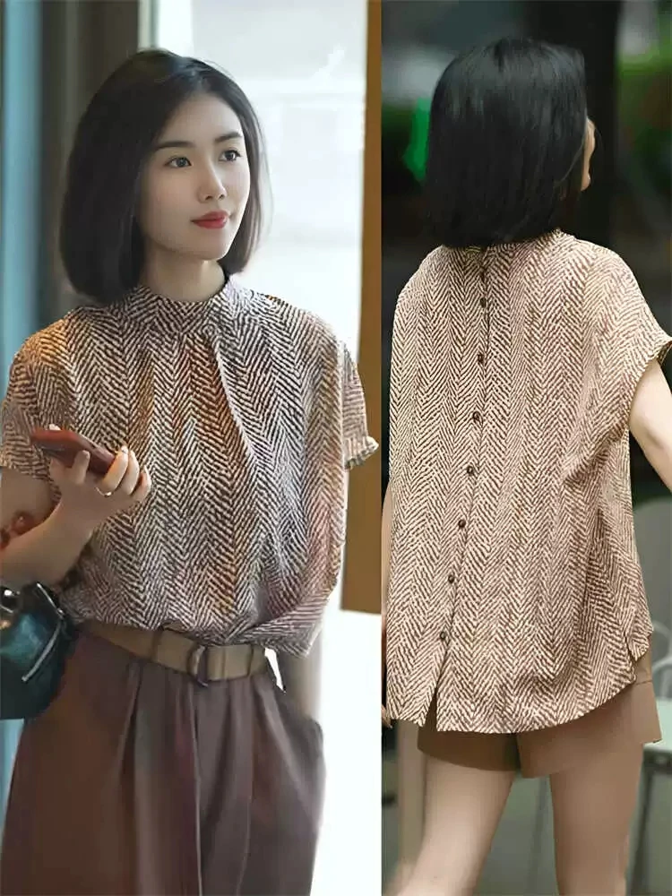 9237#夏季新款落肩袖雪纺衫女宽松2025立领减龄薄款印花百搭上衣