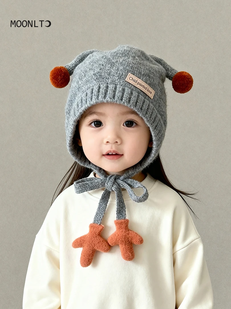 儿童帽子秋冬季男女宝宝保暖防风加厚小球户外保暖婴儿毛线护耳帽