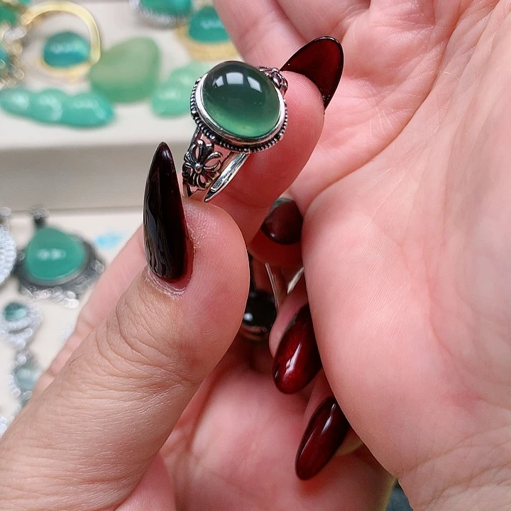 蛇纹石玉戒指银S925镶嵌