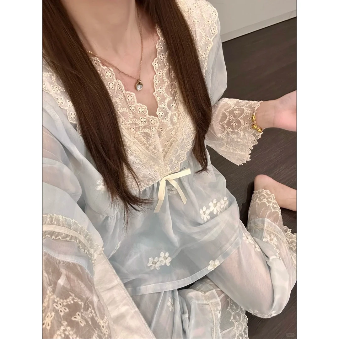 公主风蕾丝边拼接睡衣女春夏款2025年高级感碎花家居服套装可外穿