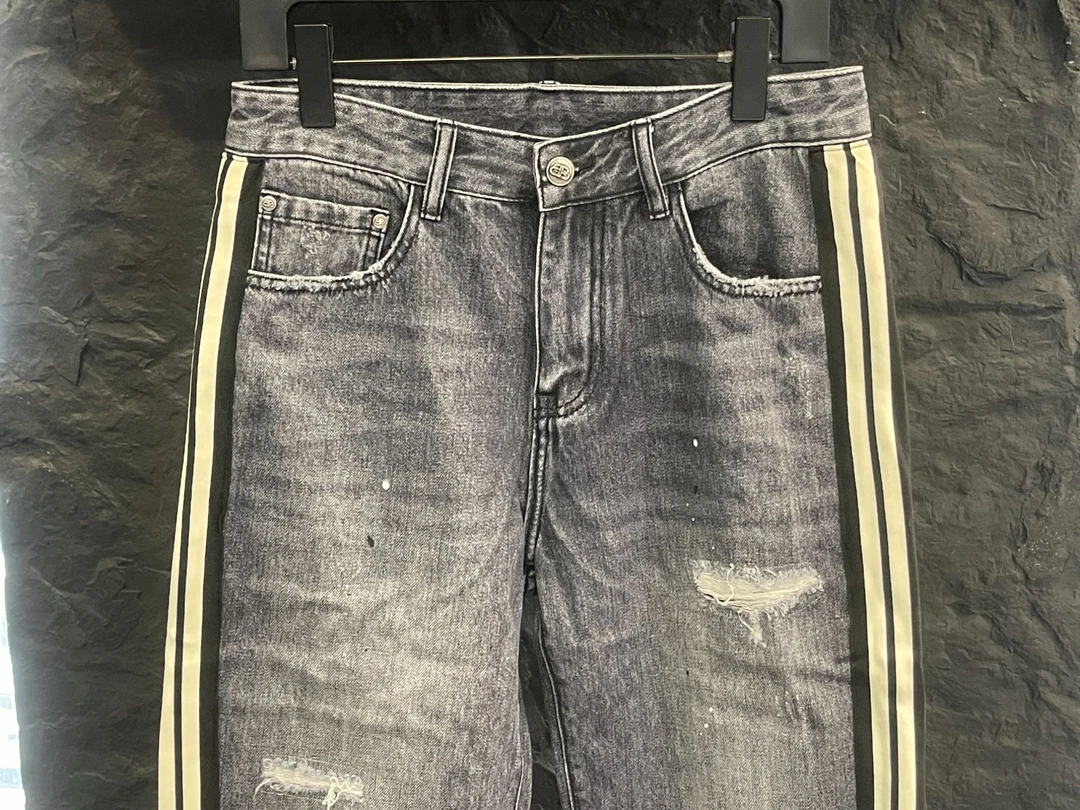 欧货男士潮流百塔织带拼接个性破洞设计修身牛仔裤休闲长裤1720