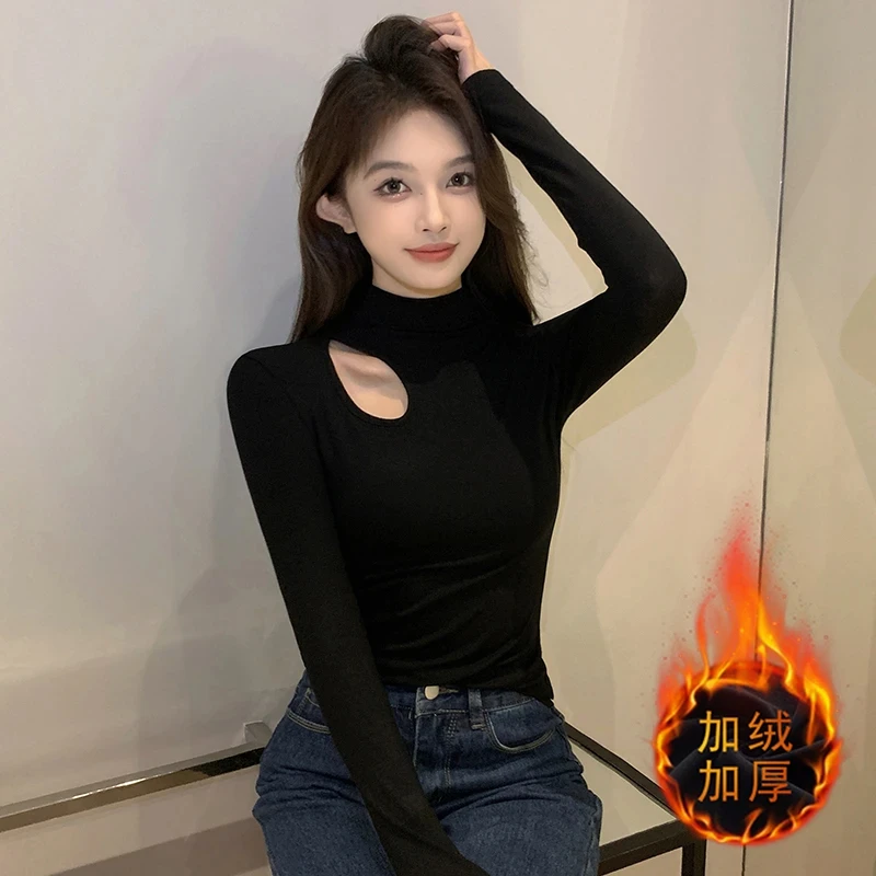黑色加绒保暖打底衫女秋冬季内搭爆款半高领左肩镂空加厚修身上衣