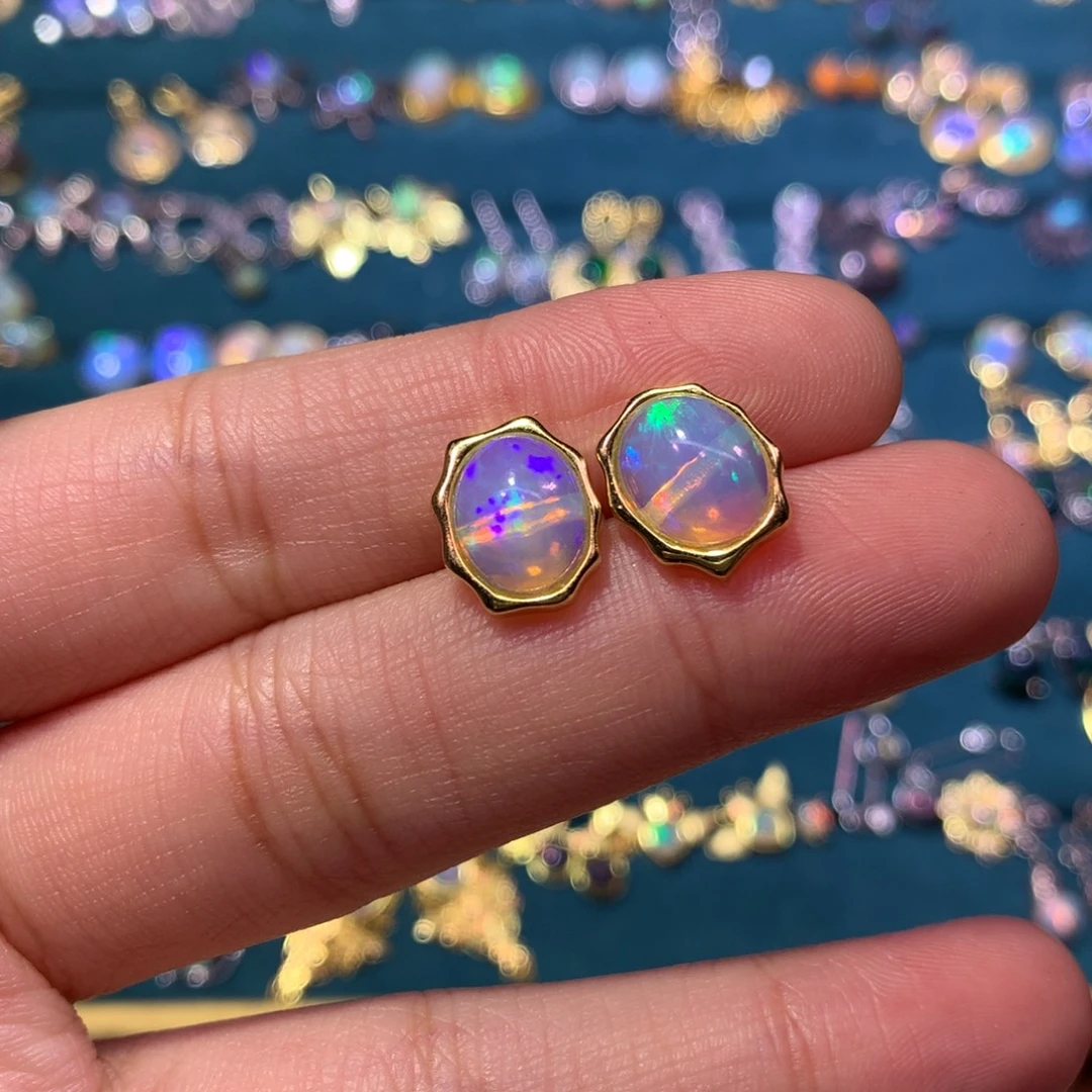 欧泊银S925镀金镶嵌耳钉