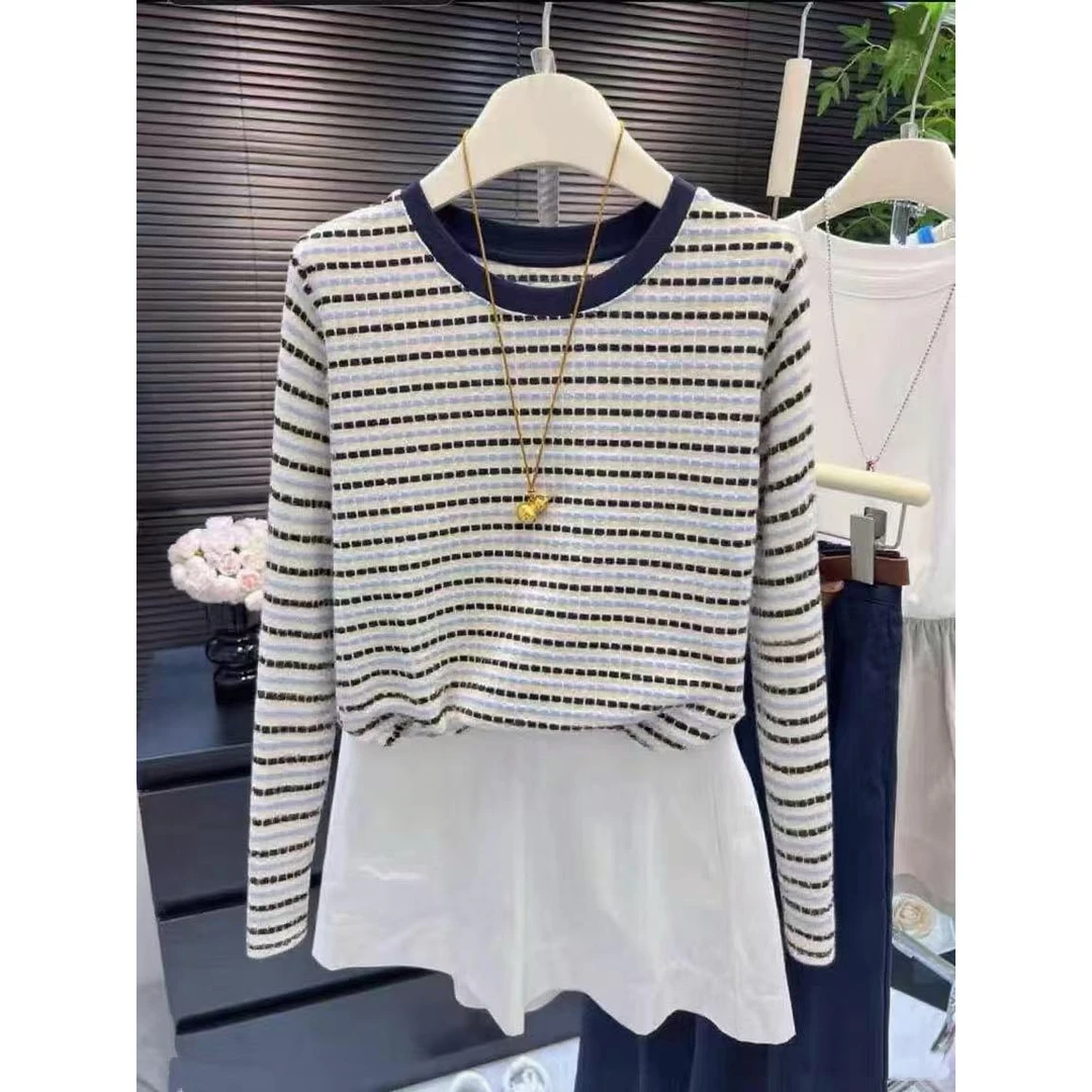 长袖~美式高街设计感撞色条纹男女慵懒风微宽松圆领减龄上衣25091