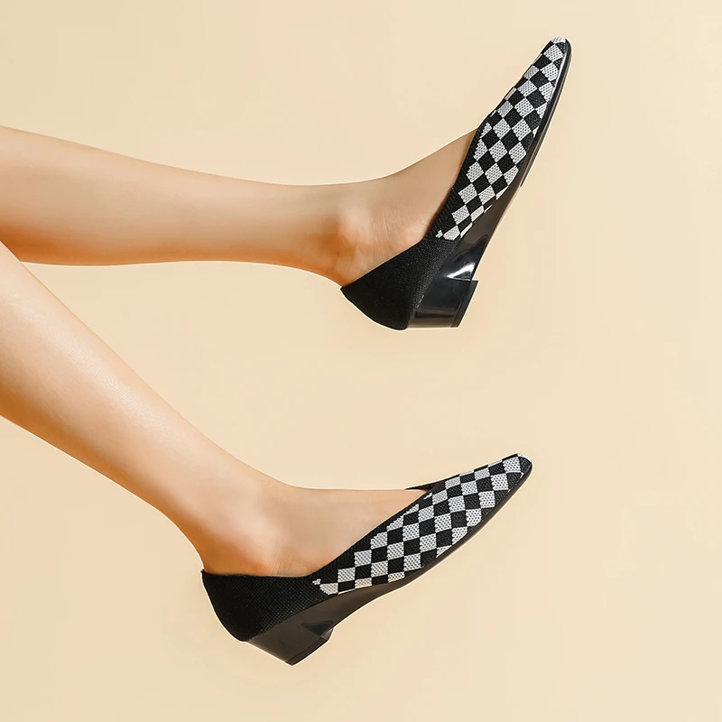 2025新款王妃透气织单鞋女坡跟飞织鞋中跟针织百搭尖头拼色女鞋