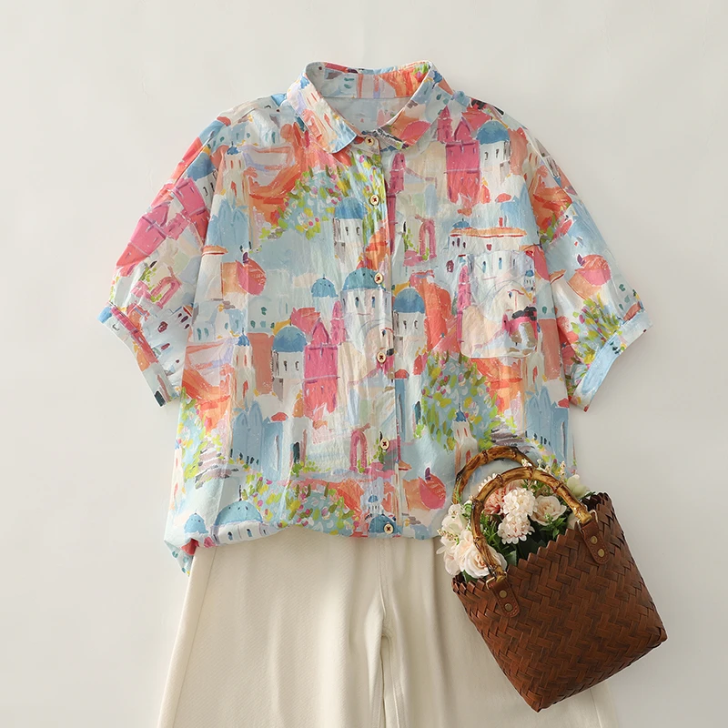 娃娃领衬衫女夏款2025年新款韩版宽松原宿风油画涂鸦短袖上衣
