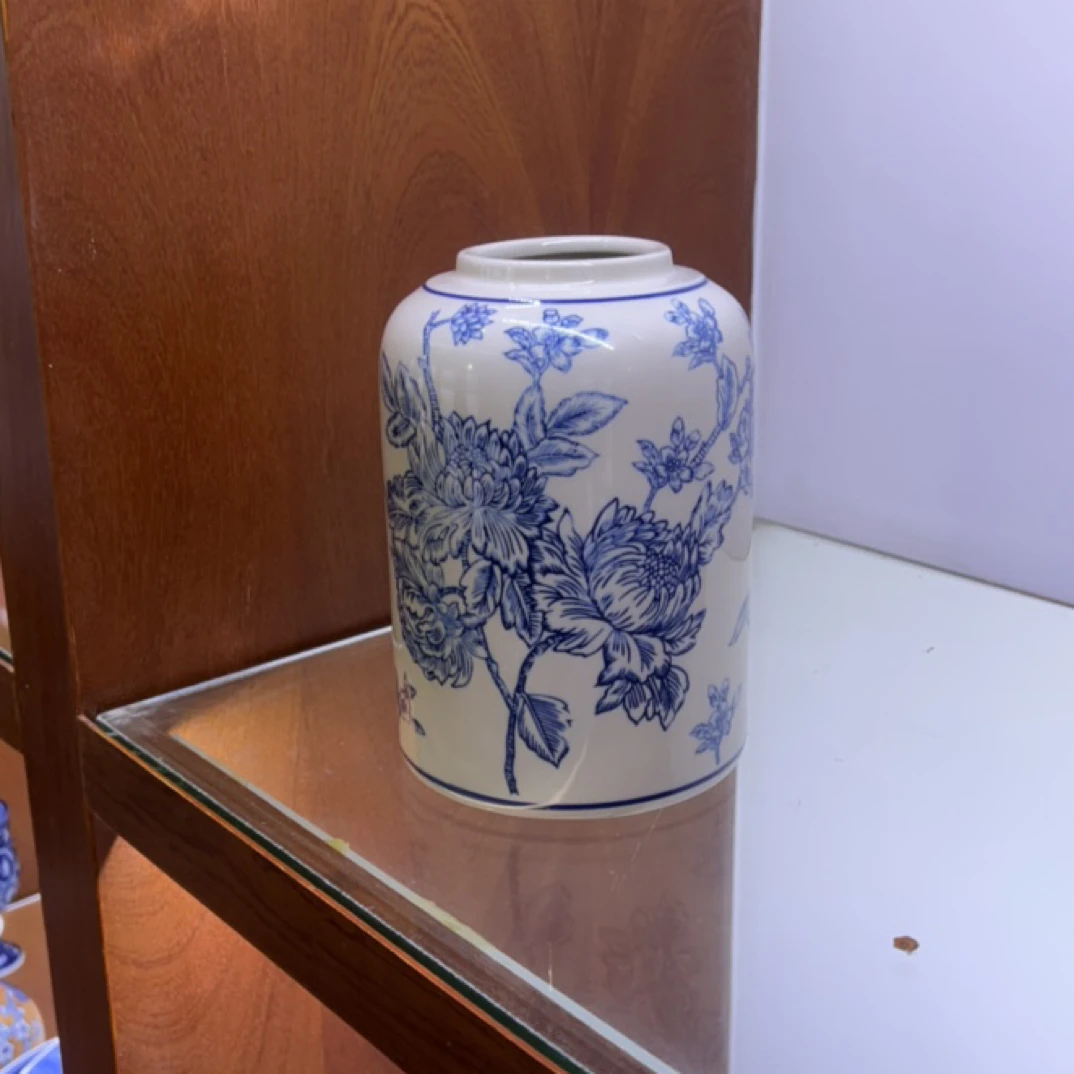 中式青花牡丹纹直筒陶瓷瓶 复古风家居装饰小花瓶 书房A058