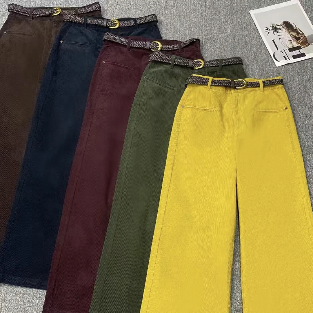 复古百搭灯芯绒高腰显瘦阔腿休闲女裤时尚舒适灯芯绒带腰带直筒裤