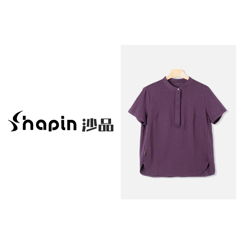 休闲极简纯色半开圆领T恤夏季轻薄透气短袖女FMD251151-1
