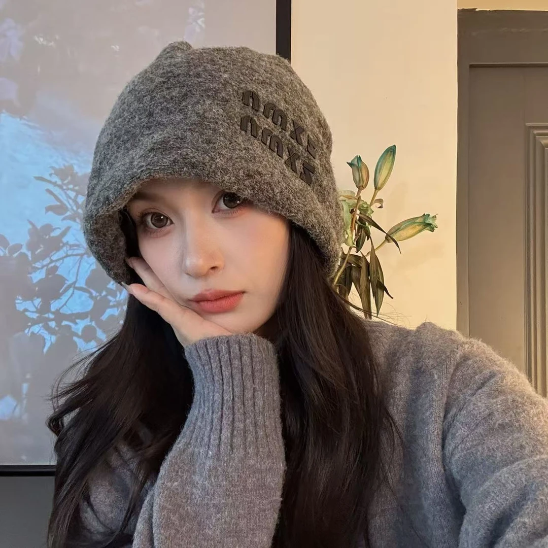慵懒风灰色百搭堆堆帽女秋冬季羊毛加厚保暖护耳包头帽套头帽