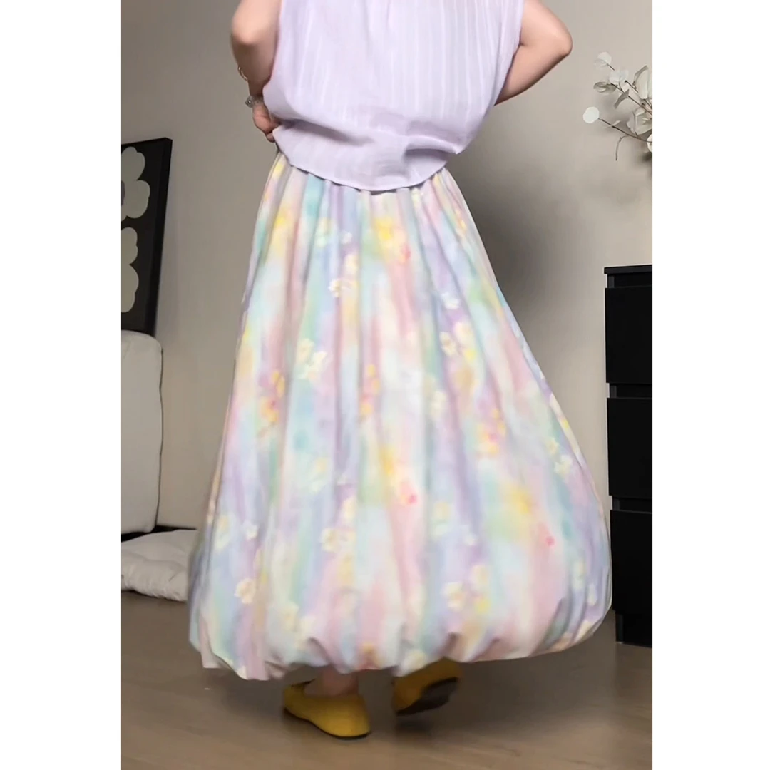 YAMM【无忧境】法式复古碎花晕染花苞半身裙夏季新款松紧高腰裙子