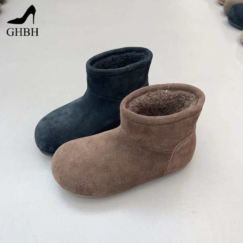 冬季新款复古风磨砂皮雪地靴女平底加绒保暖短筒毛绒内里棉靴