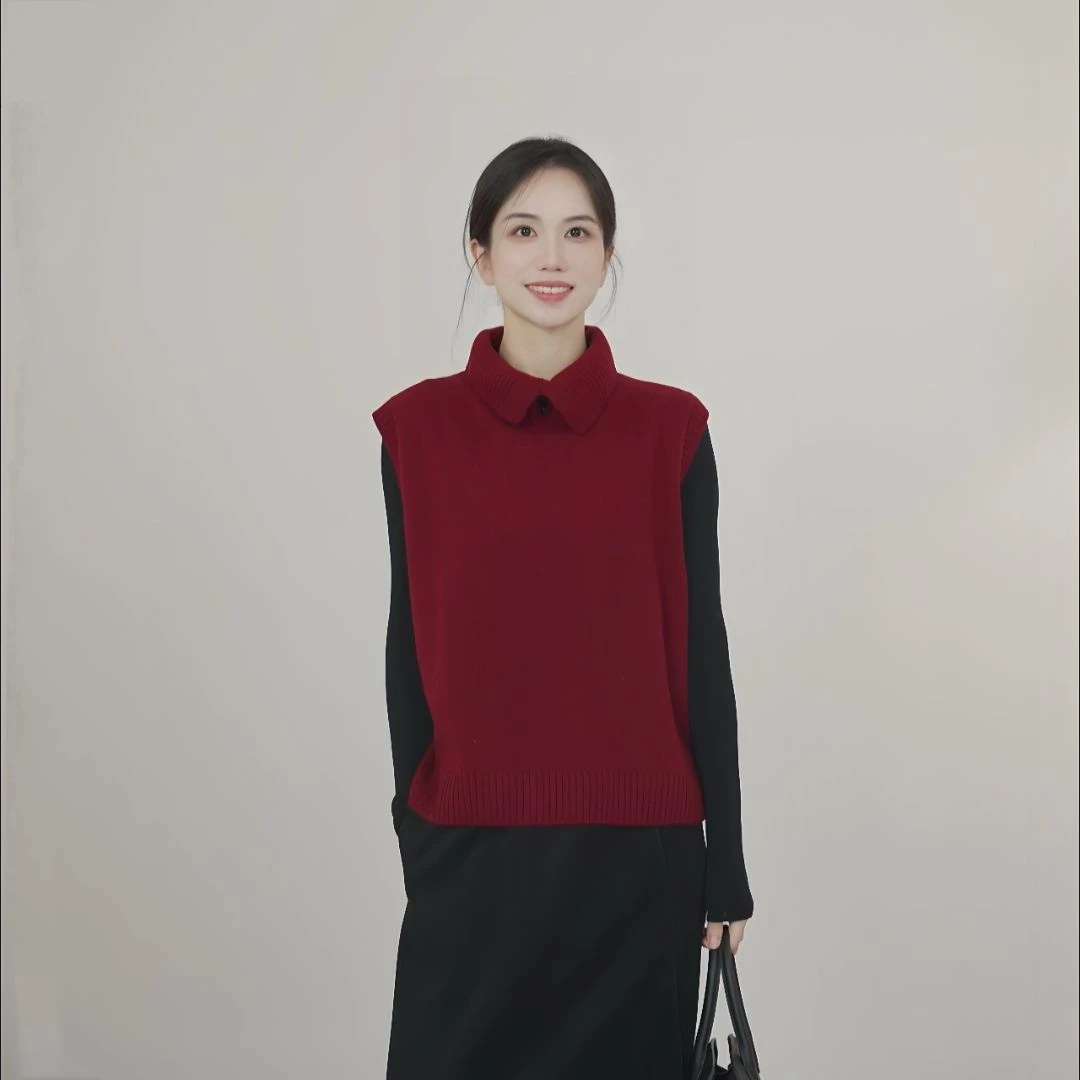 小禾【富士山下】全羊毛加厚翻领两穿马甲24FW452