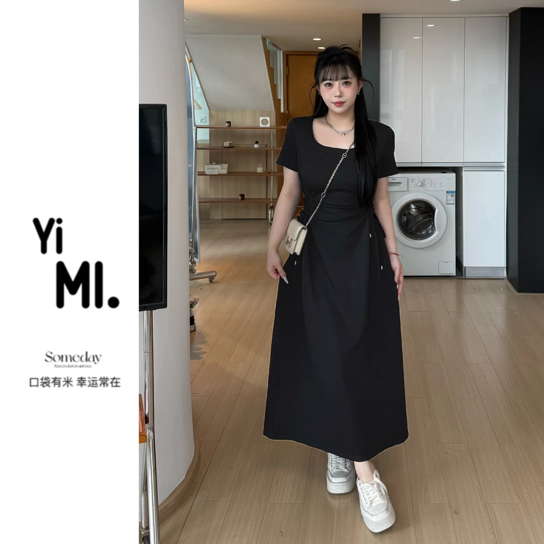 亿米-现货(长岛日暮)韩系大码气质显瘦收腰设计感短袖连衣裙