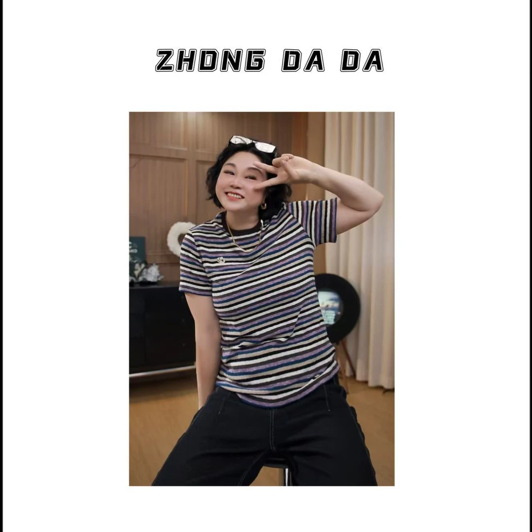ZHONG大大【】时尚设计感圆领显瘦百搭气质条纹短袖上衣女11986