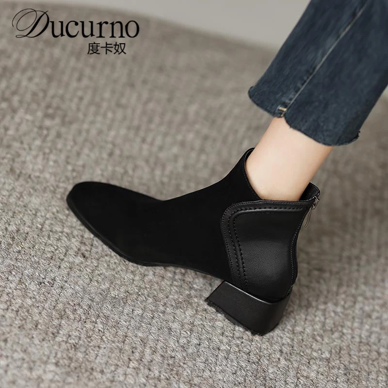 真皮覆古尖头后拉炼短靴女2025新款百搭粗中跟时装靴英伦风瘦瘦靴