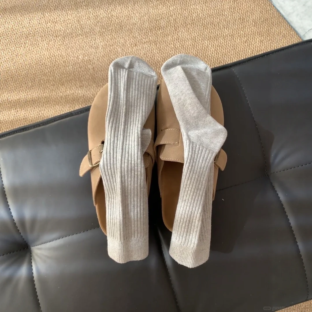超舒服灰色袜子女中筒袜春秋纯棉长袜抽条竖条日系堆堆袜配小皮鞋